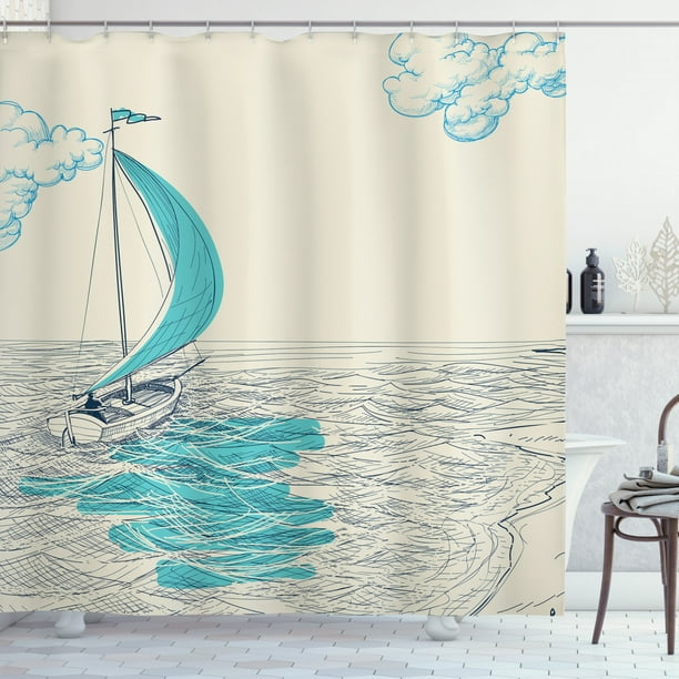 Nautical Anchor & Lifebuoy Sand Sunny Beach Shower Curtain Bath Mat Waterproof